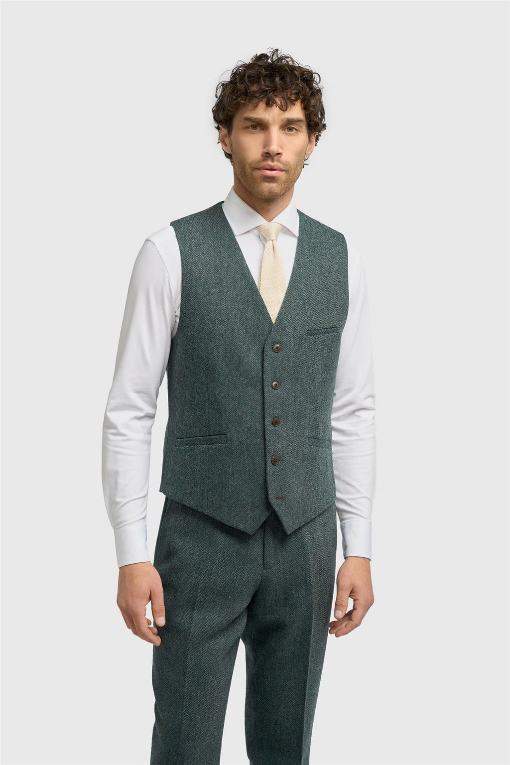 Men’s Olive Green Herringbone Wool Tweed Waistcoat Thomas Model Picture