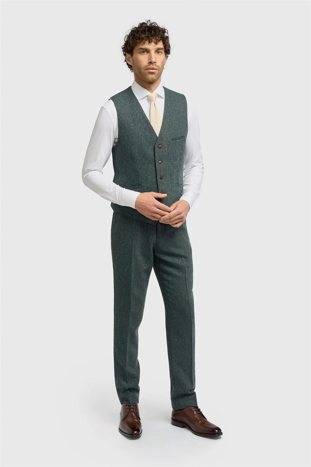 Men’s Olive Green Herringbone Wool Tweed Waistcoat Thomas Front Picture
