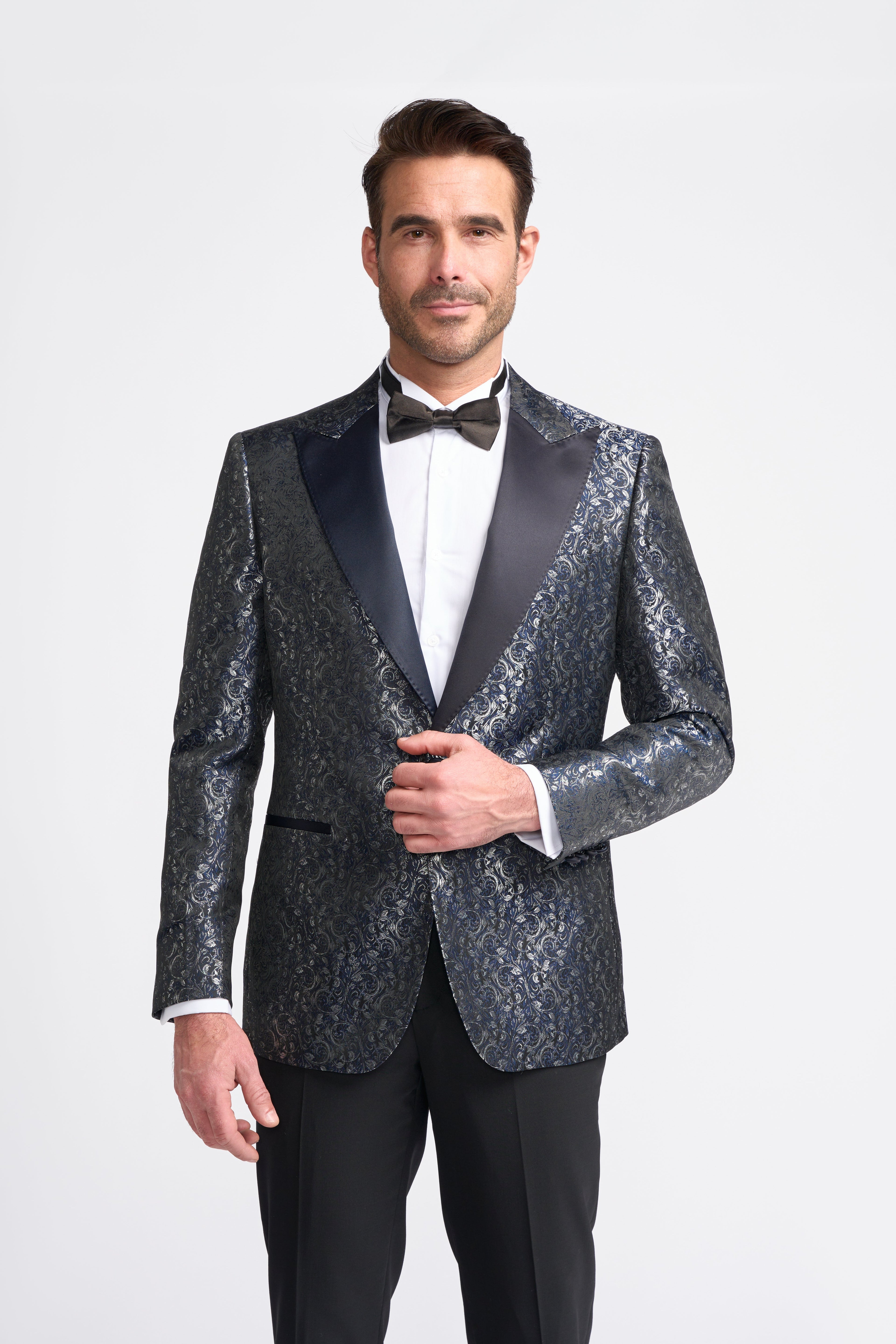 Men’s single-breasted paisley sheen slim fit tuxedo blazer front view