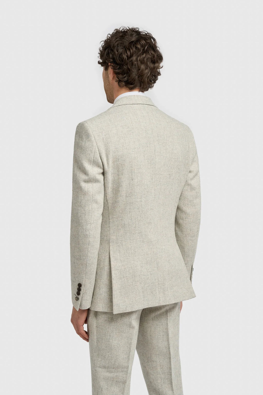 Men’s Pearl Grey 3 Piece Wool Herringbone Tweed Suit Thomas Back Picture