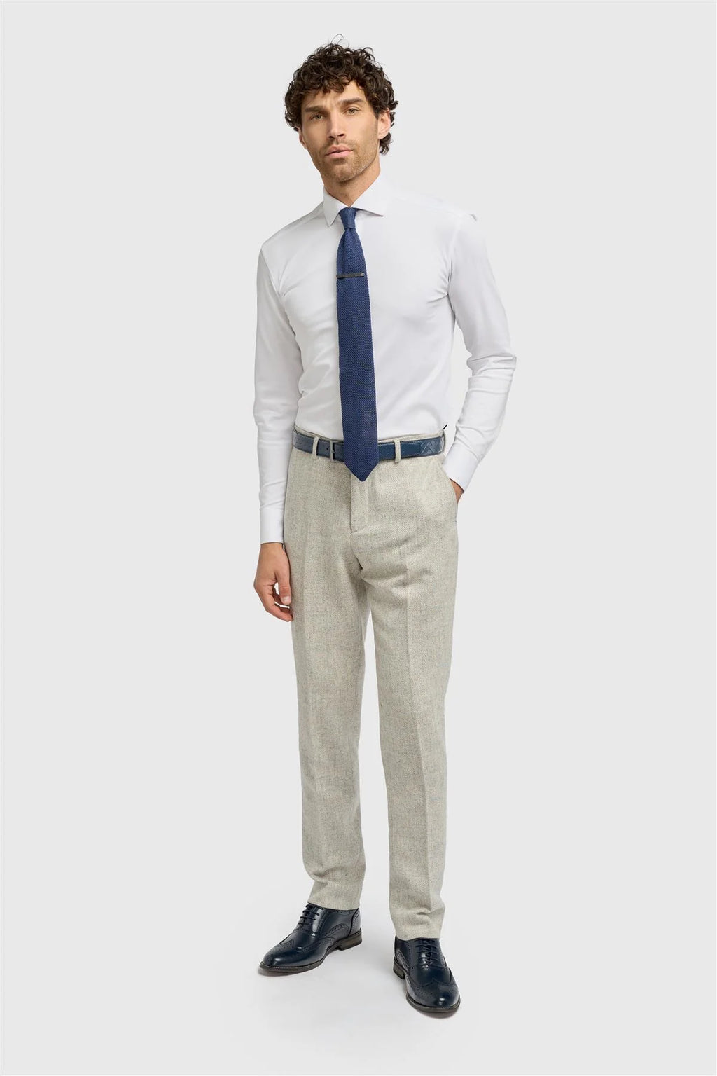 Men’s Pearl Grey Herringbone Wool Tweed Trousers Thomas Front Picture
