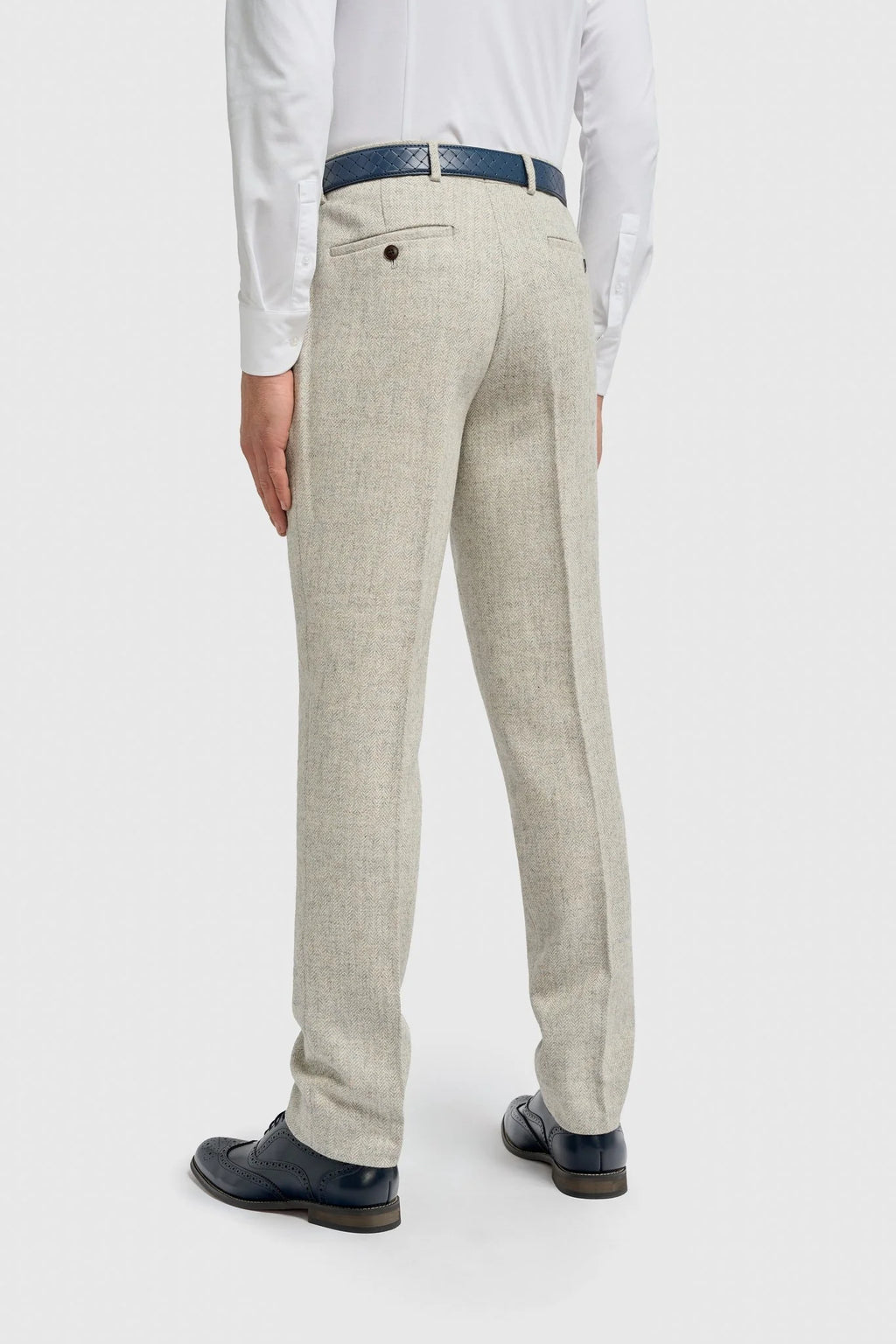 Men’s Pearl Grey Herringbone Wool Tweed Trousers Thomas Back Picture