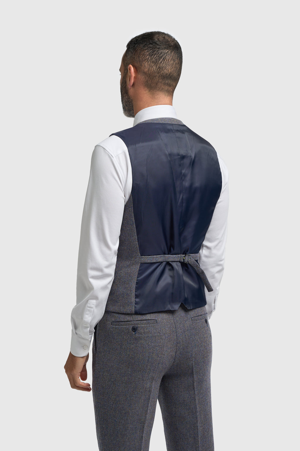 Men’s Savoy Grey 3 Piece Wool Herringbone Tweed Suit Thomas Waistcoat Back Picture