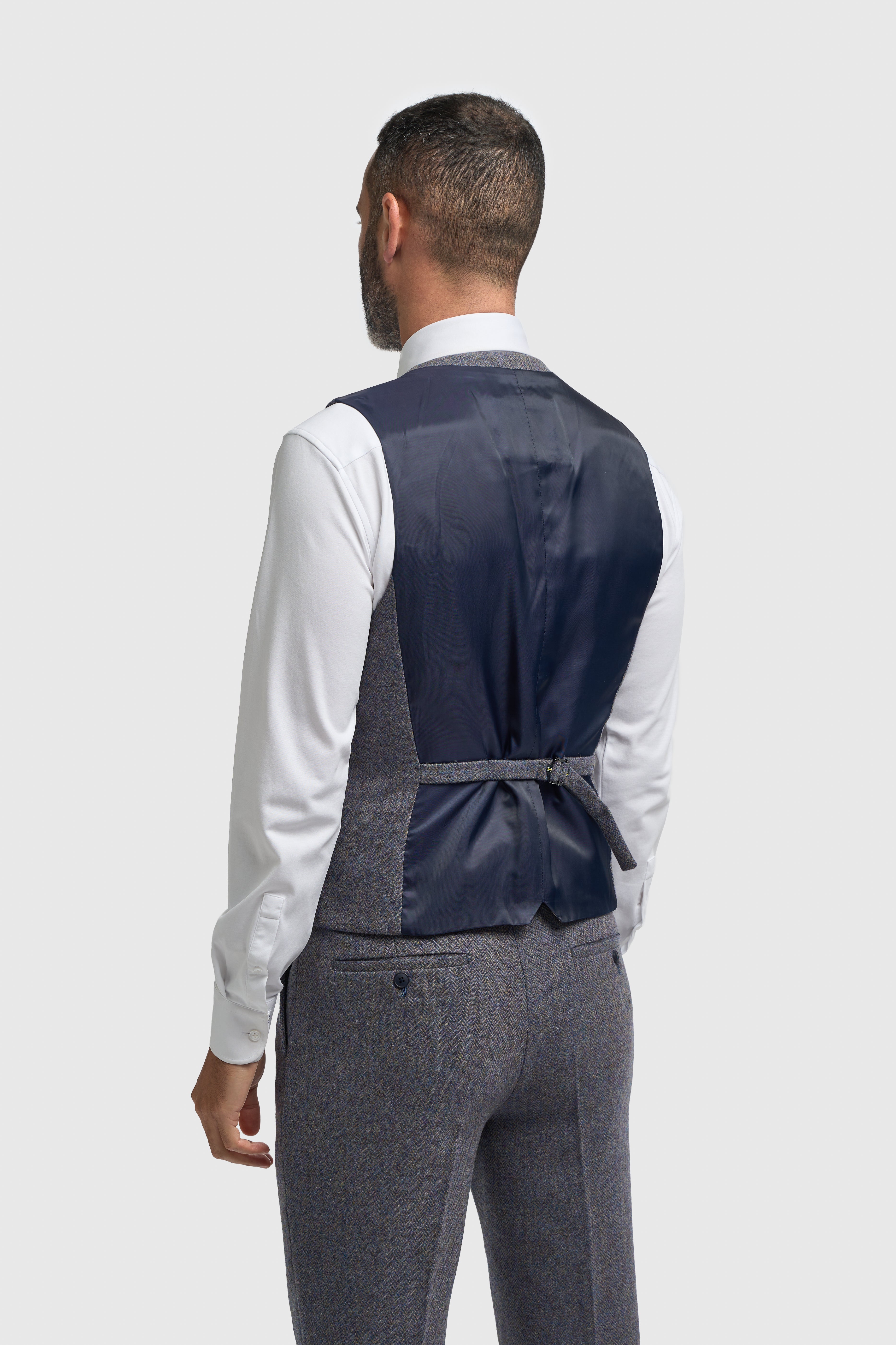 Men’s Savoy Grey 3 Piece Wool Herringbone Tweed Suit Thomas Waistcoat Back Picture