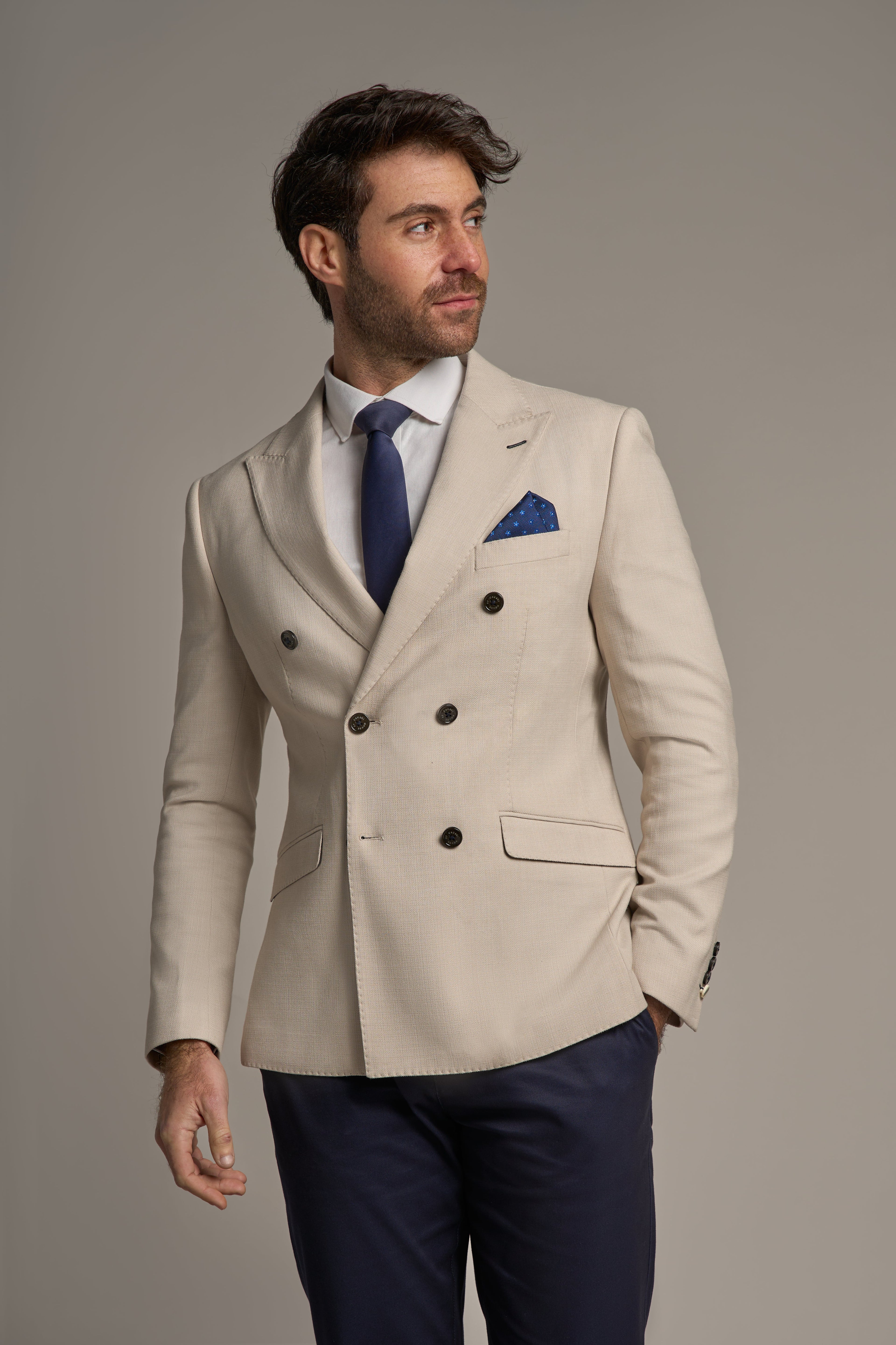 Mens beige self pattern double breasted blazer ROMEO tailored fit