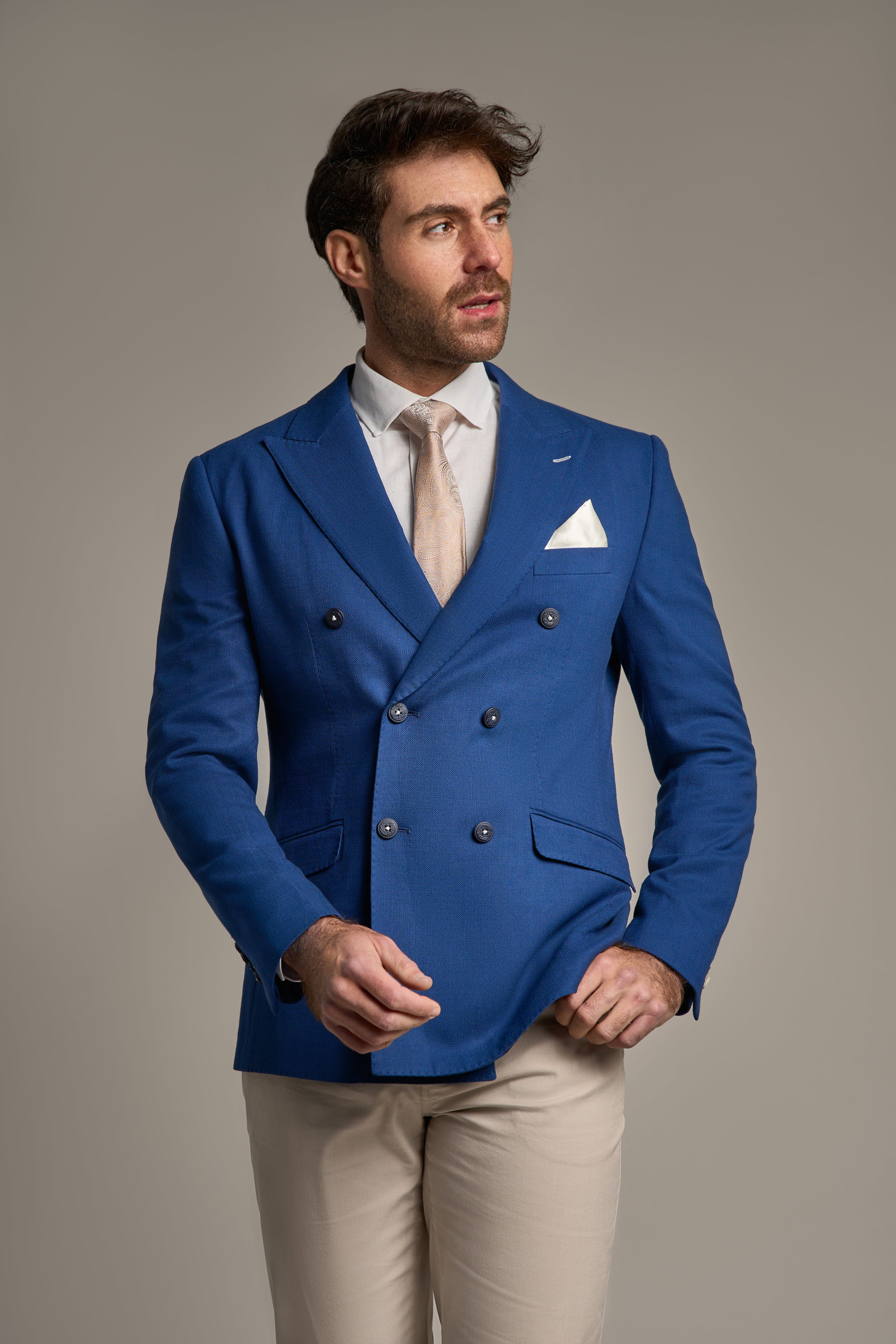 Mens blue self pattern double breasted blazer ROMEO classic menswear
