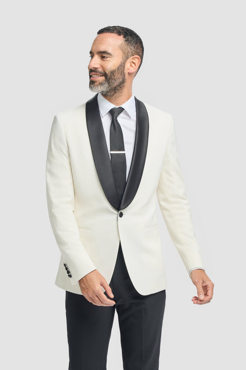 Men's Slim Fit Wool Blend Tuxedo Dinner Suit - ASPEN - Ivory Model Picture