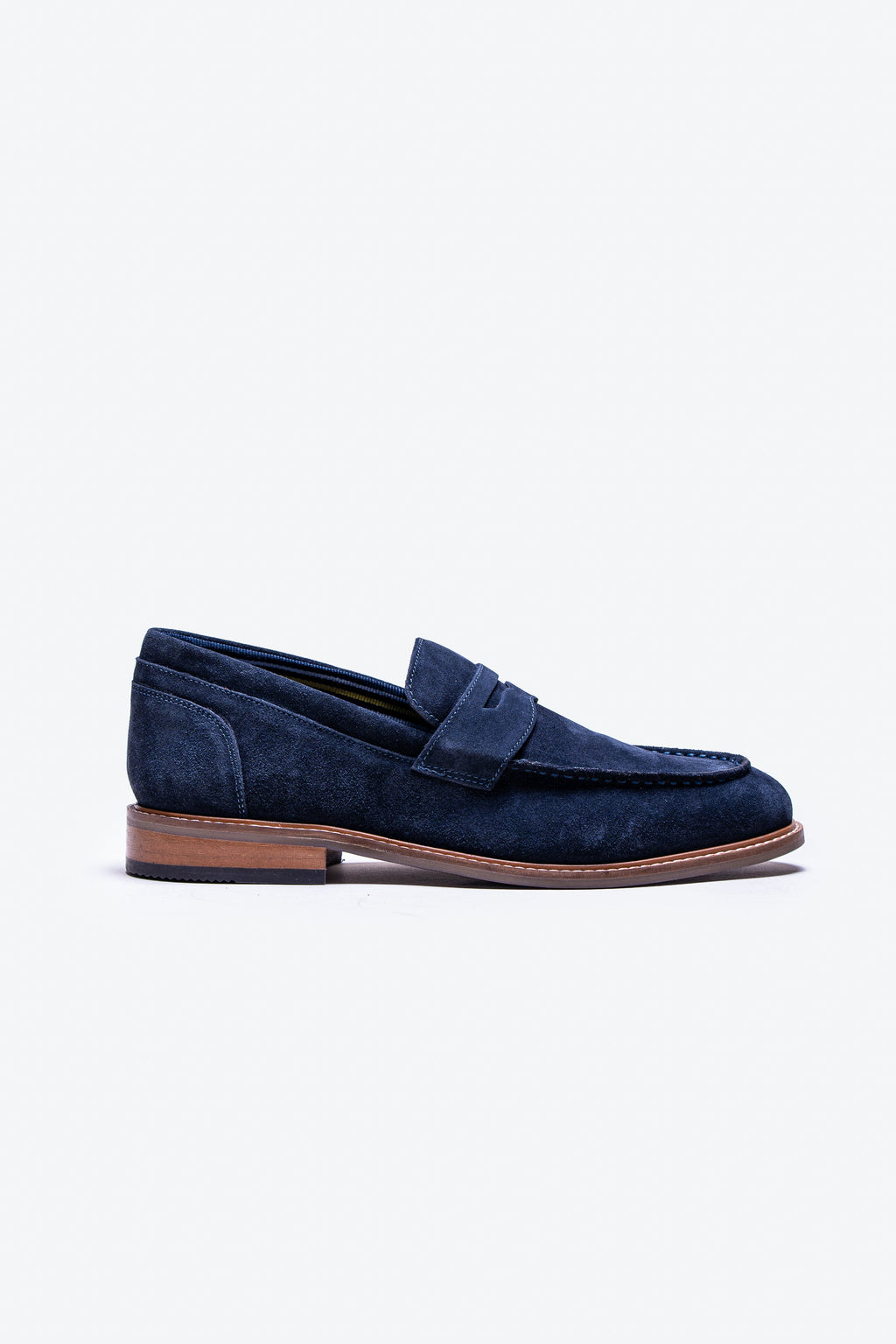 Men's Stacked Heel Suede Penny Loafer - JORDAN - Navy Blue Side Picture