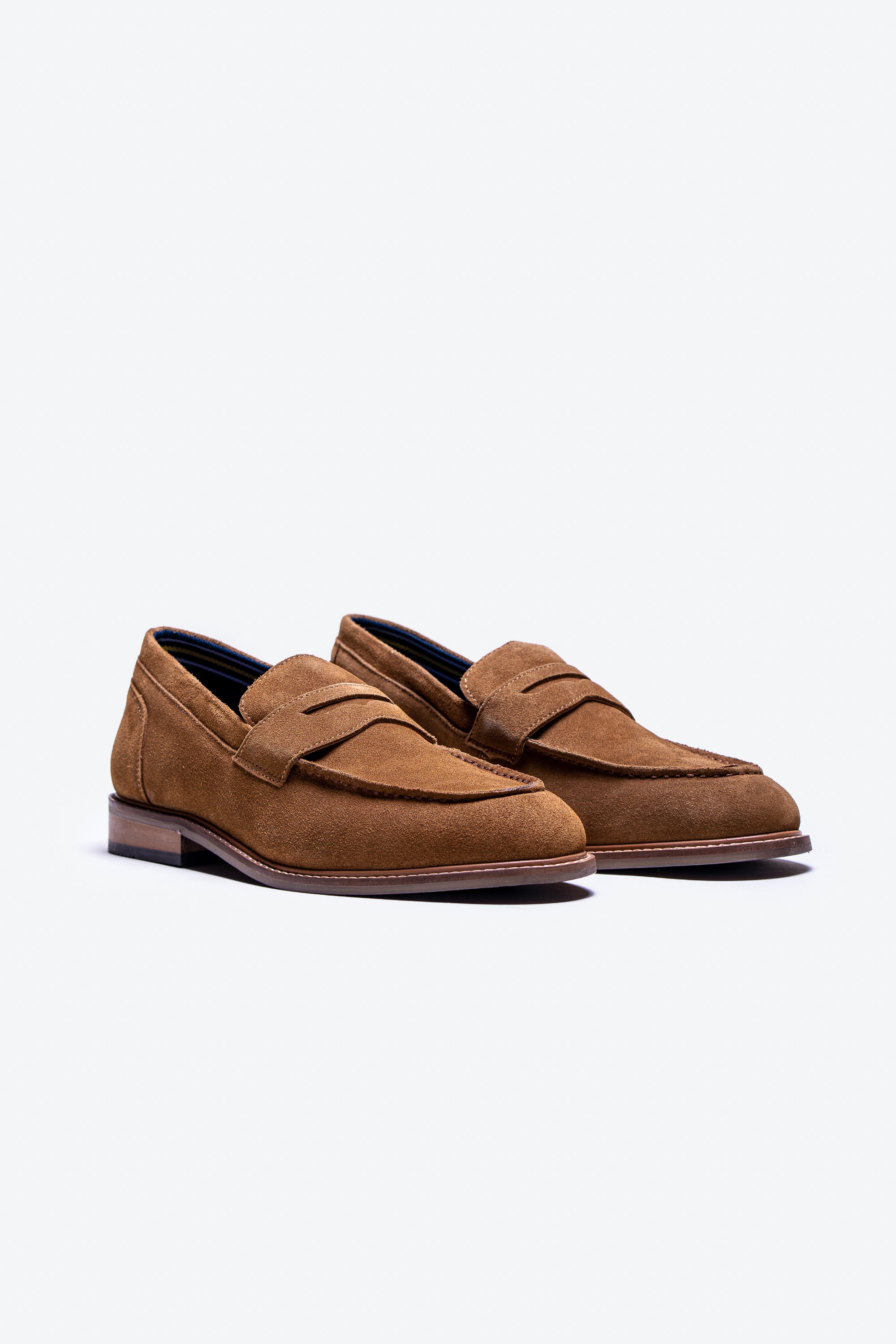 Men's tan brown stacked-heel suede penny loafers, JORDAN.
