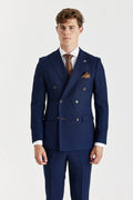 Mens navy tailored fit double breasted suit jacket MAYFAIR on model