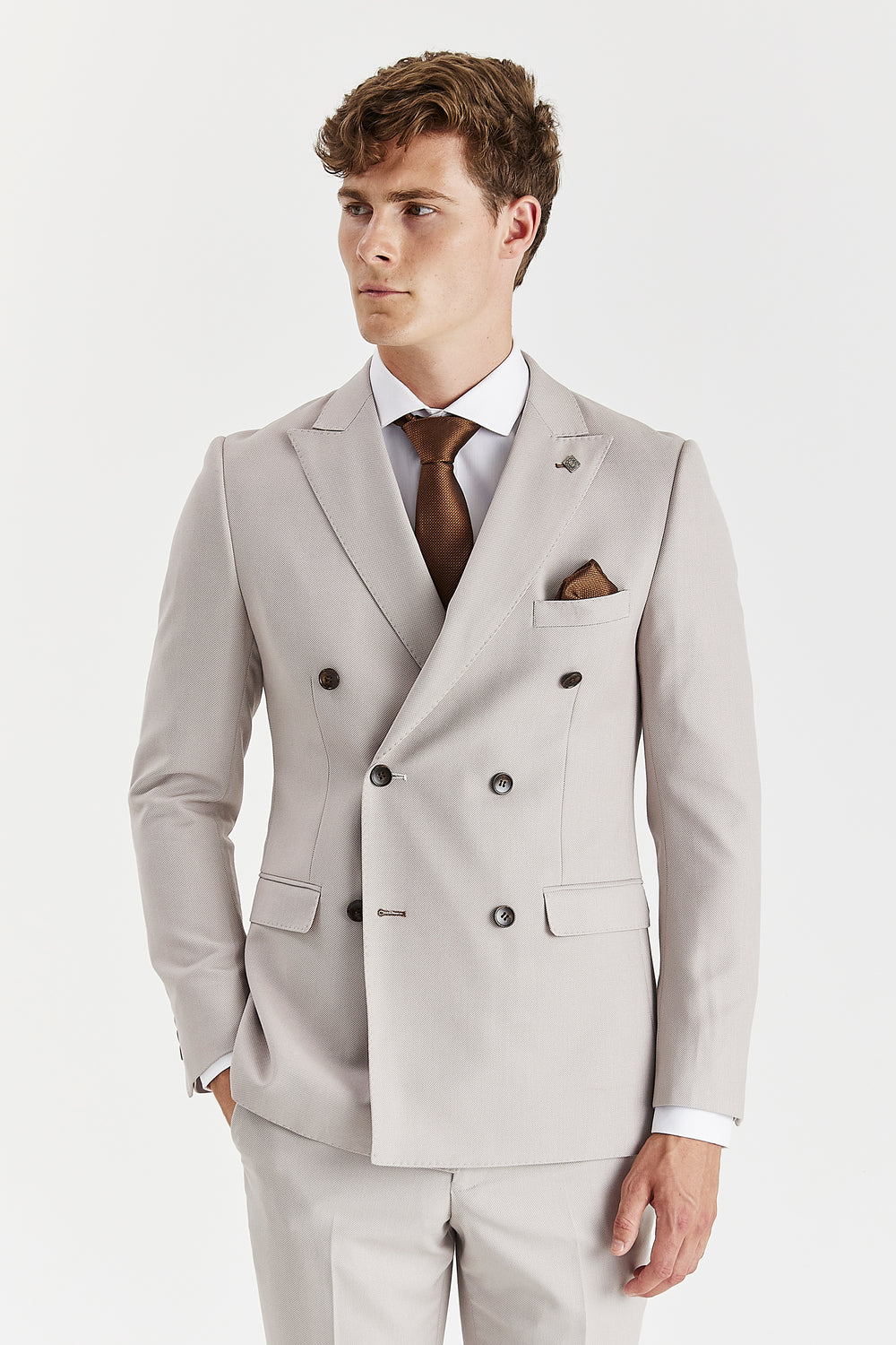 Mens stone beige tailored fit double breasted suit jacket MAYFAIR front view