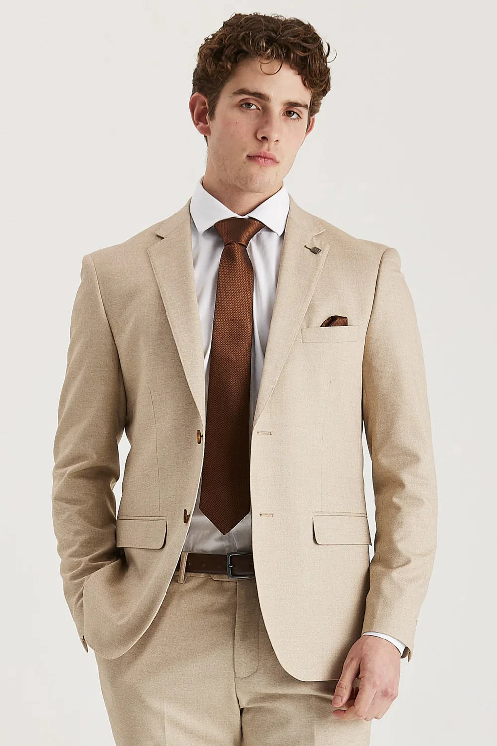 Mens beige tailored fit formal suit jacket BELMONT smart look