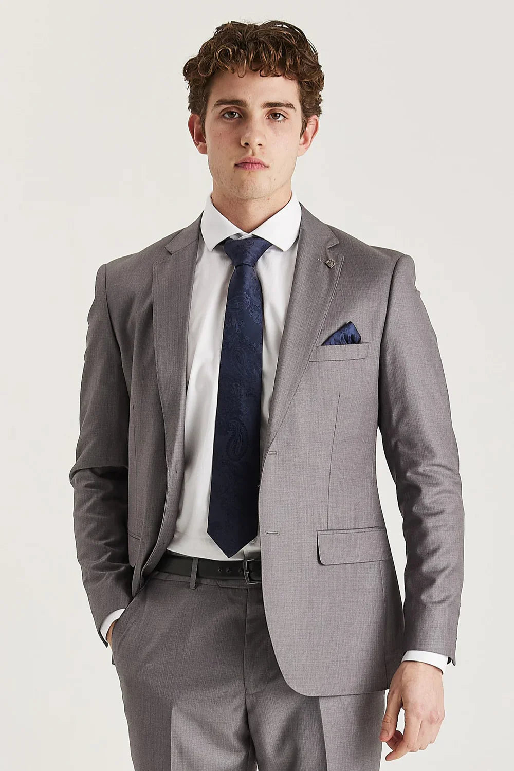 Mens grey tailored fit formal suit jacket EDWARD displayed for events