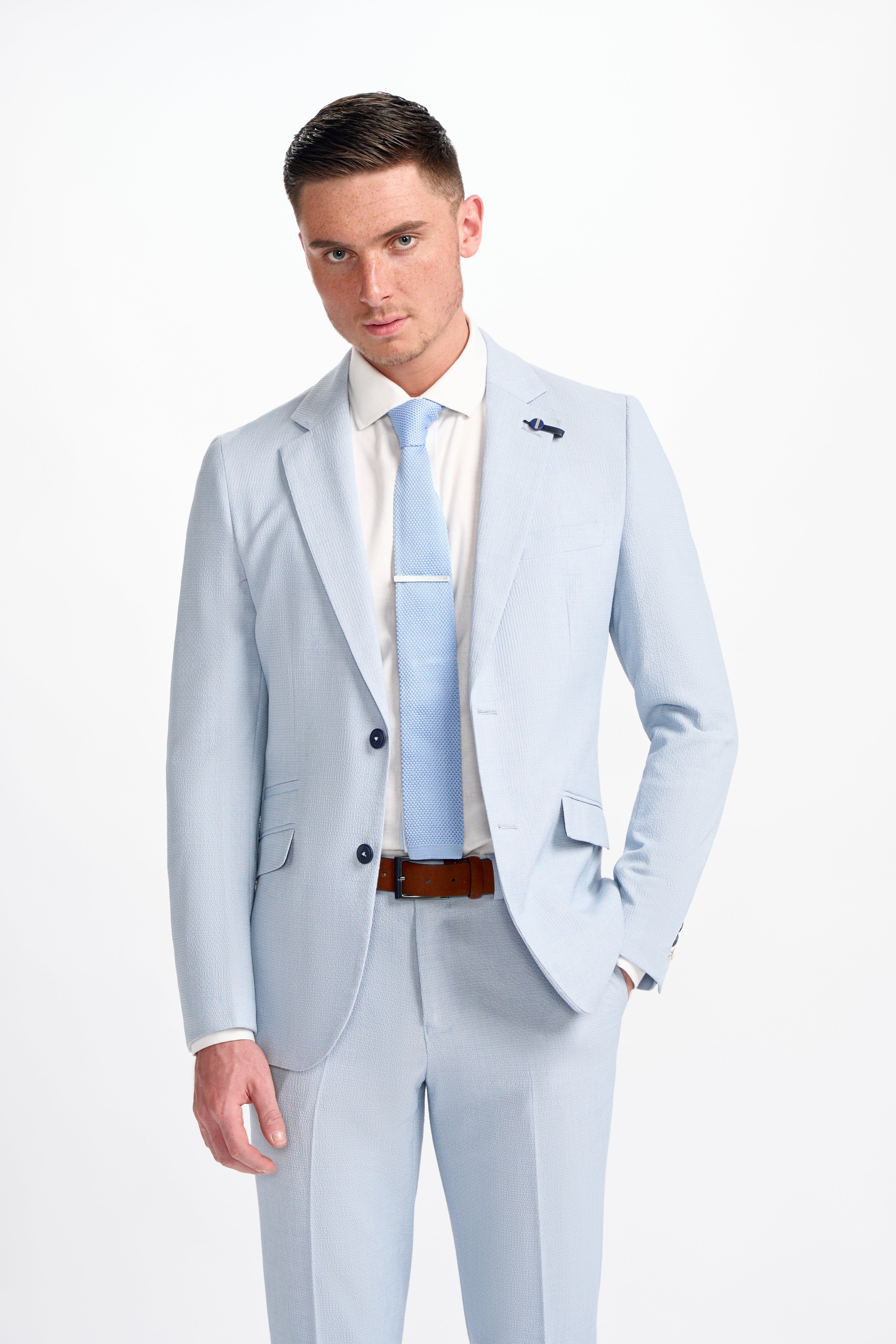 Mens sky blue textured slim fit suit jacket SIREN styled outfit