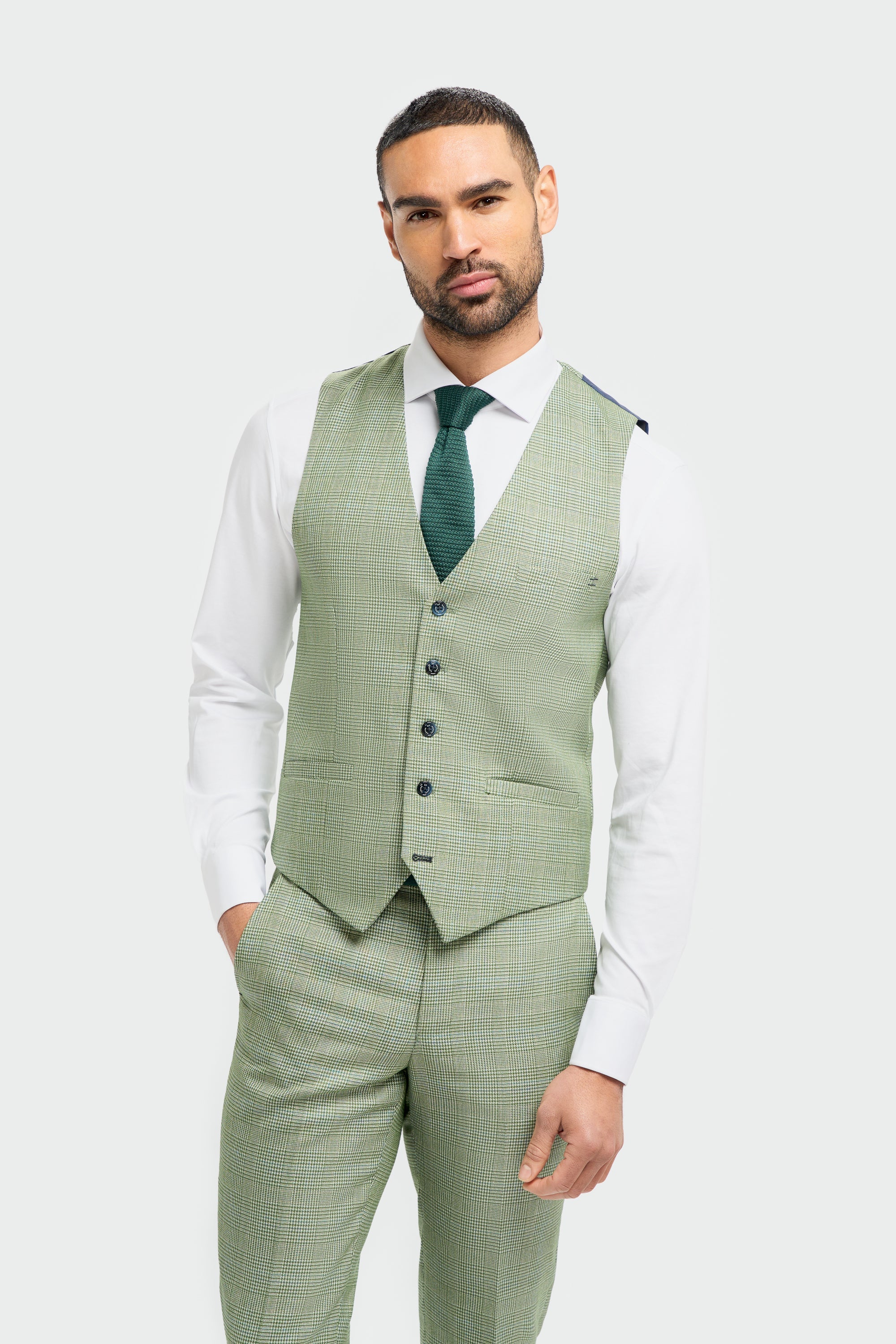 Mens sage green tweed houndstooth slim fit waistcoat Caridi