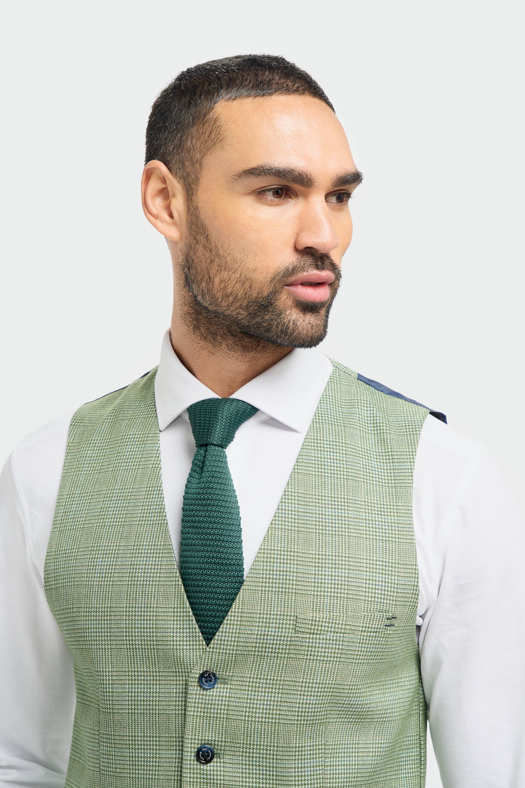 Mens Sage Green Tweed Houndstooth Slim Fit Waistcoat CARIDI