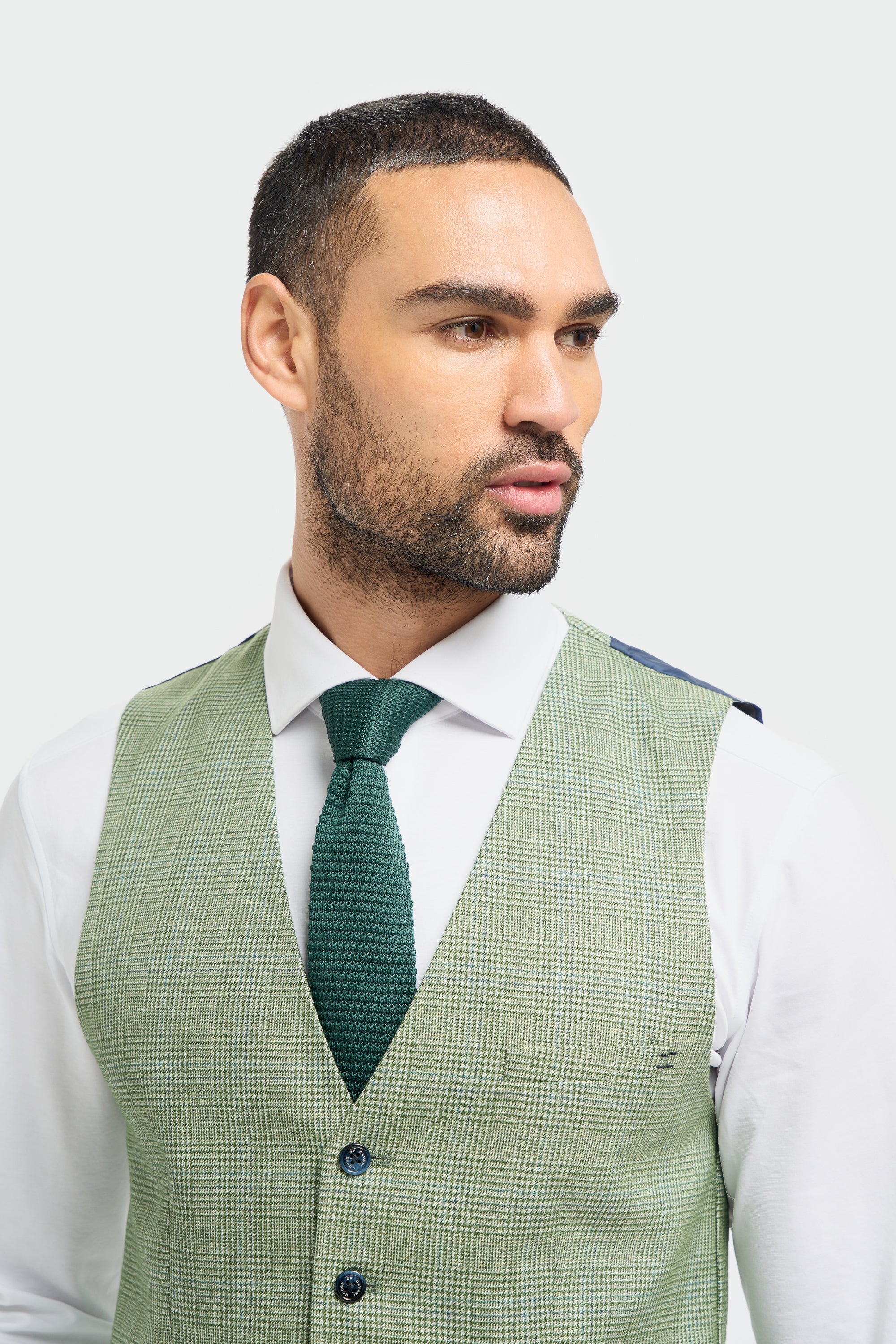 Mens Sage Green Tweed Houndstooth Slim Fit Waistcoat CARIDI
