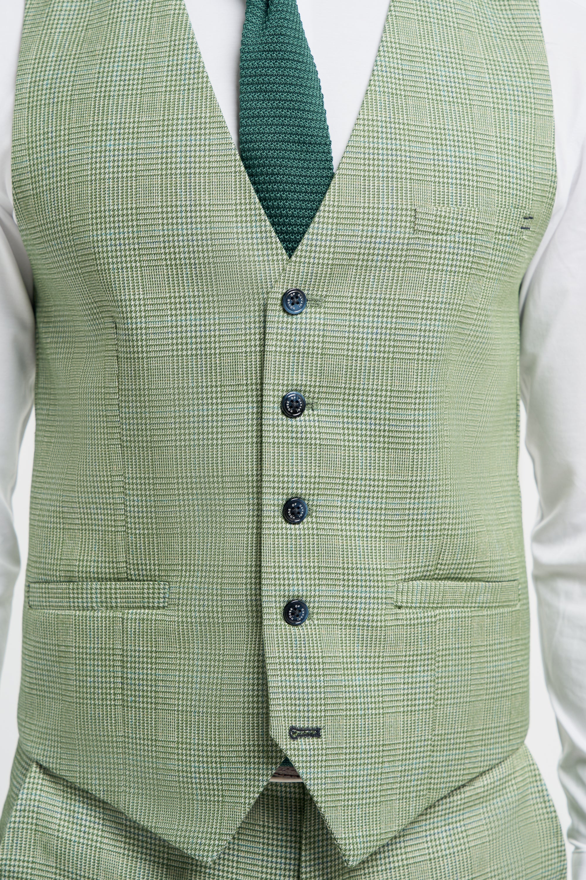 Mens Sage Green Tweed Houndstooth Slim Fit Waistcoat CARIDI