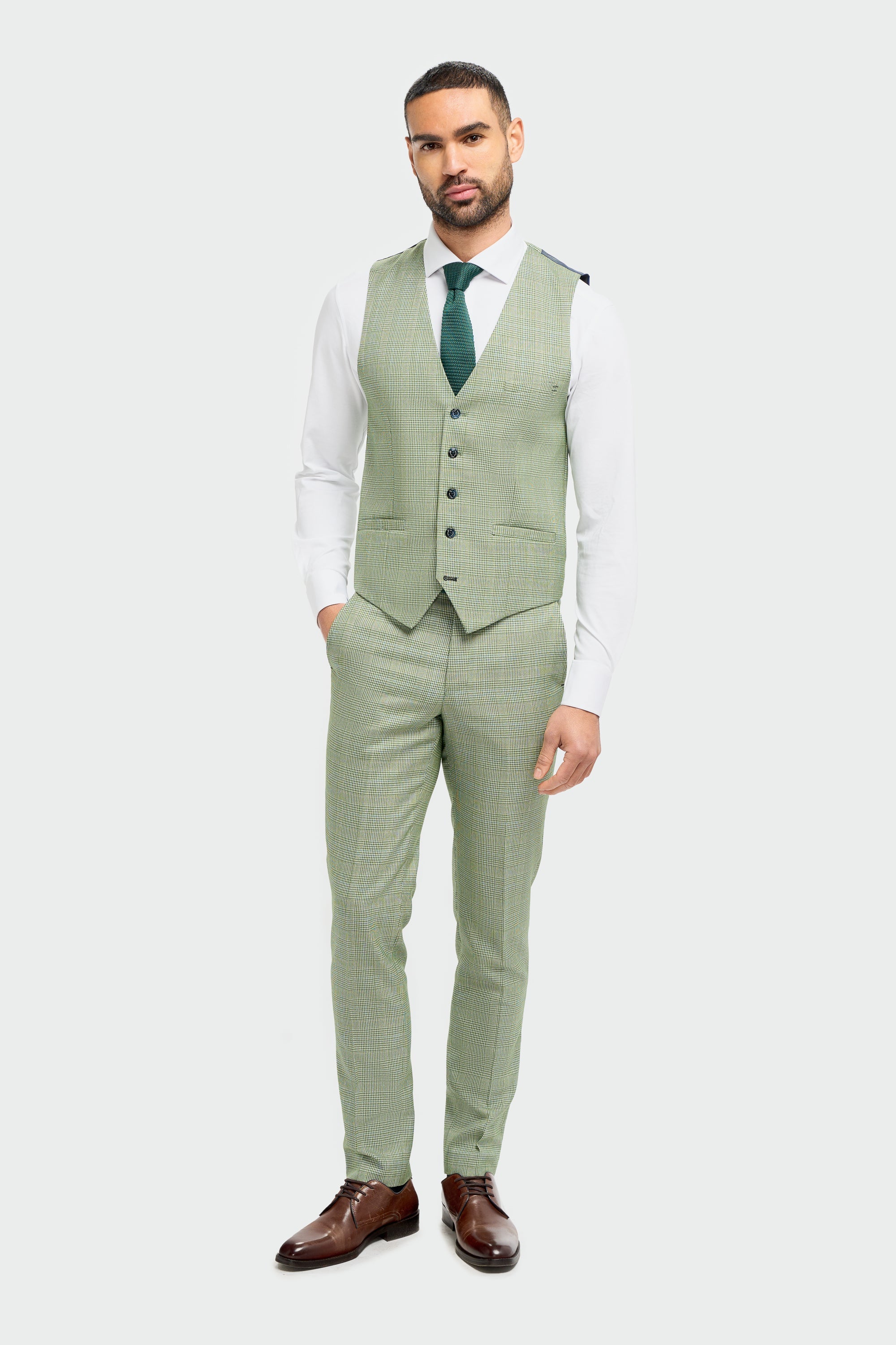 Mens Sage Green Tweed Houndstooth Slim Fit Waistcoat CARIDI