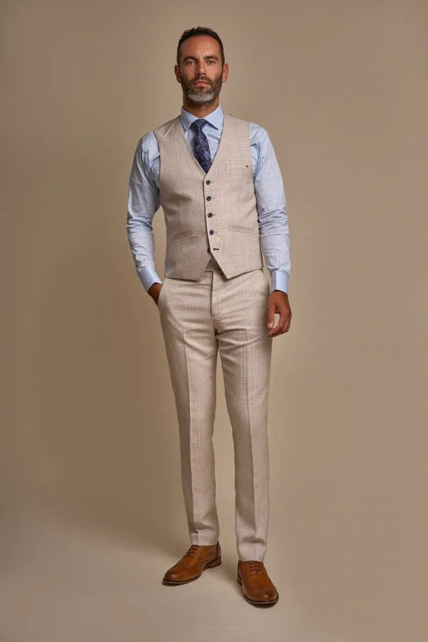 Men's Tweed Houndstooth Check Slim Fit Suit - CARIDI Trousers Lenght Option - Cream - Ivory Model Front Picture