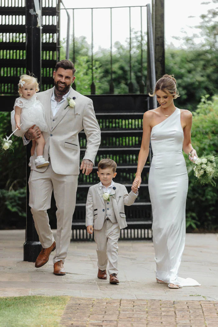 Men's Tweed Houndstooth Check Slim Fit Suit - CARIDI Trousers Lenght Option - Cream - Ivory Lifestyle Picture