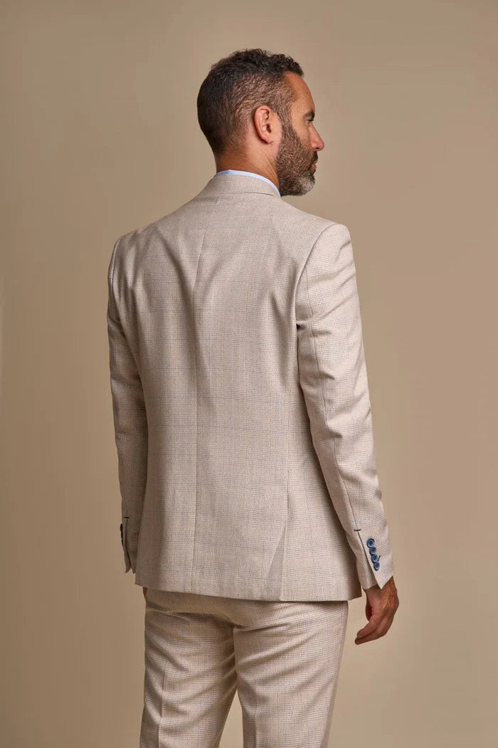 Men's Tweed Houndstooth Check Slim Fit Suit - CARIDI Trousers Lenght Option - Cream - Ivory Model Back Picture