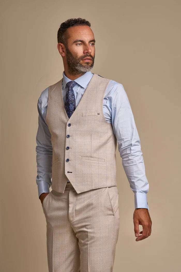 Men's Tweed Houndstooth Check Slim Fit Suit - CARIDI Trousers Lenght Option - Cream - Ivory Waistcoat Picture