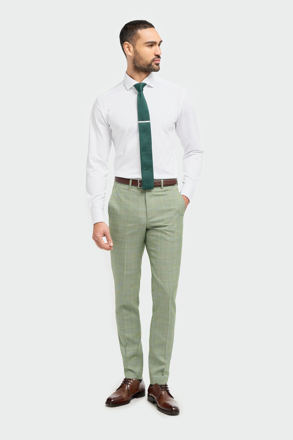 Men's Tweed Glen Check Slim Fit Trousers - CARIDI - Sage Green