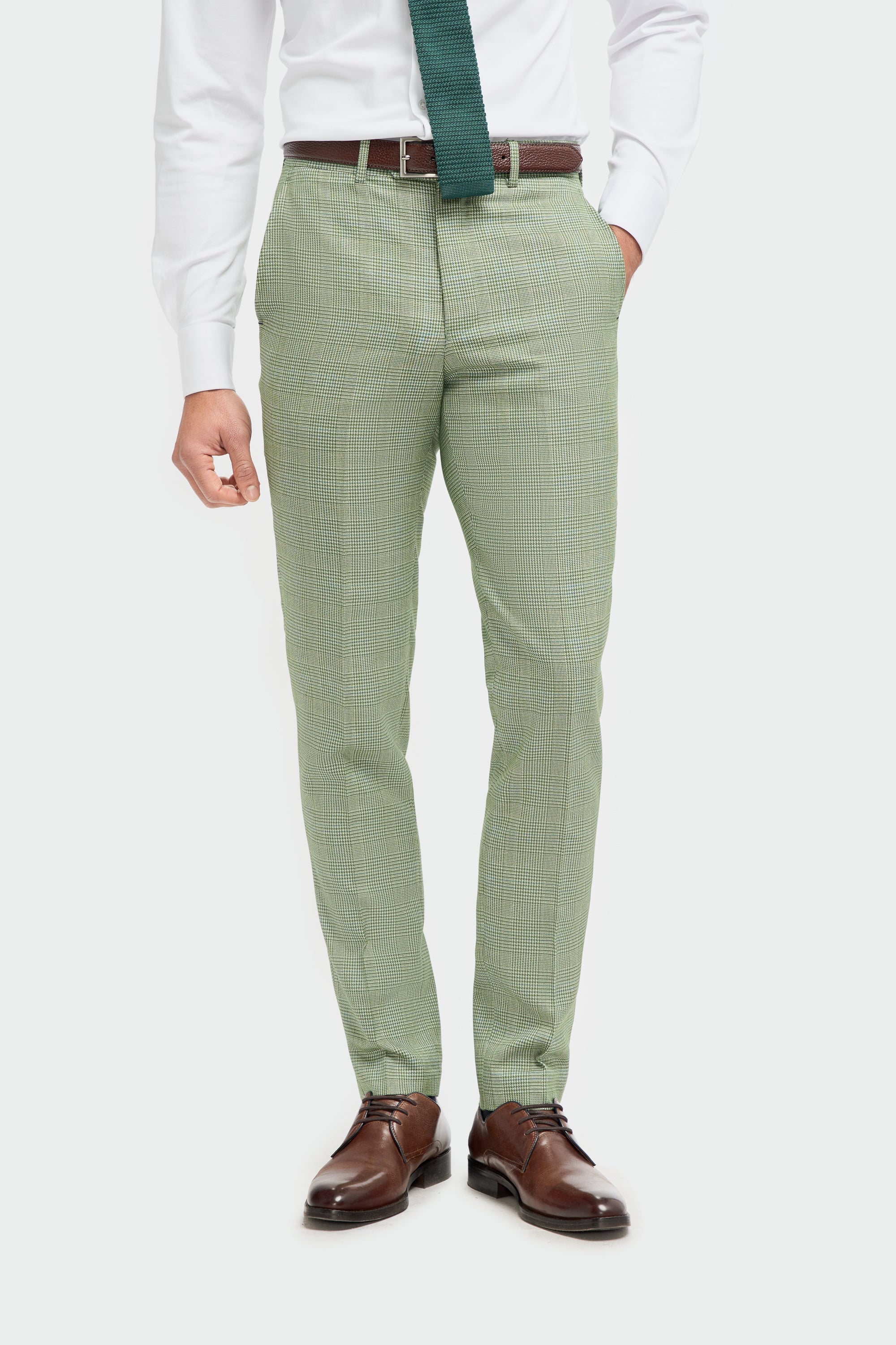 Men's Tweed Houndstooth Check Slim Fit Trousers - CARIDI - Sage Green