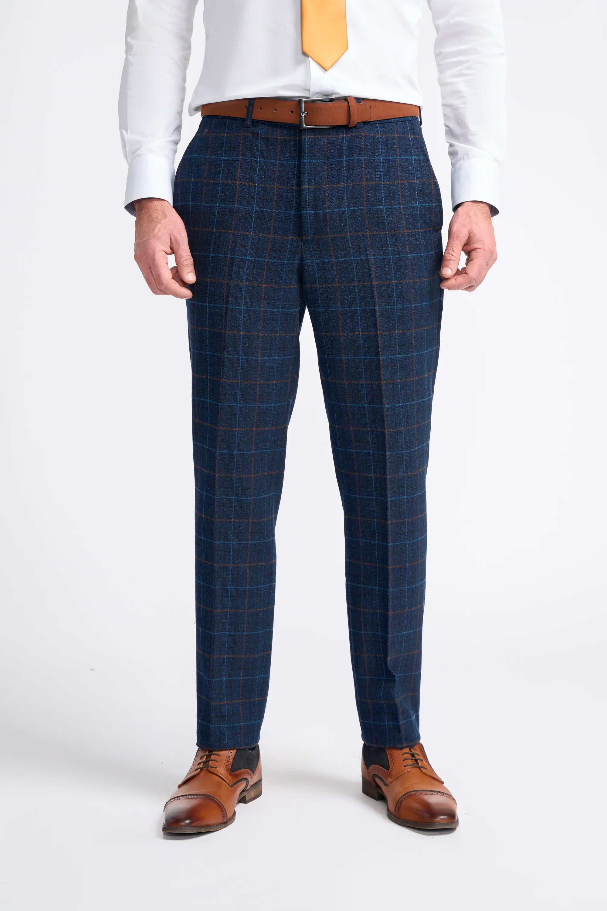 Men's Windowpane Check Tweed Blue Suit - CODY - Navy Blue Trousers Front Picture