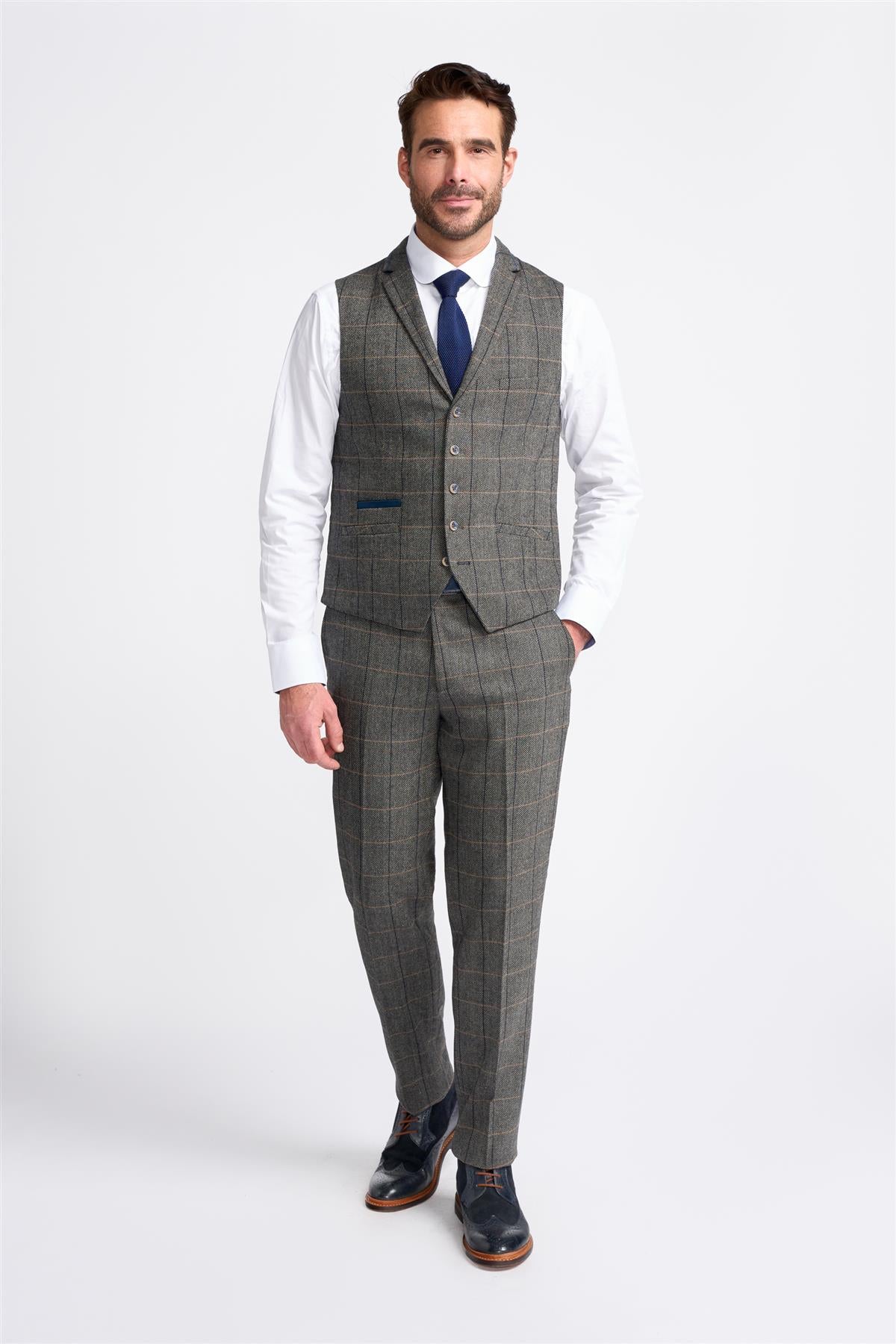 Men's Wool Blend Herringbone Check Suit - Albert - Grey Waistcoat Front Picture