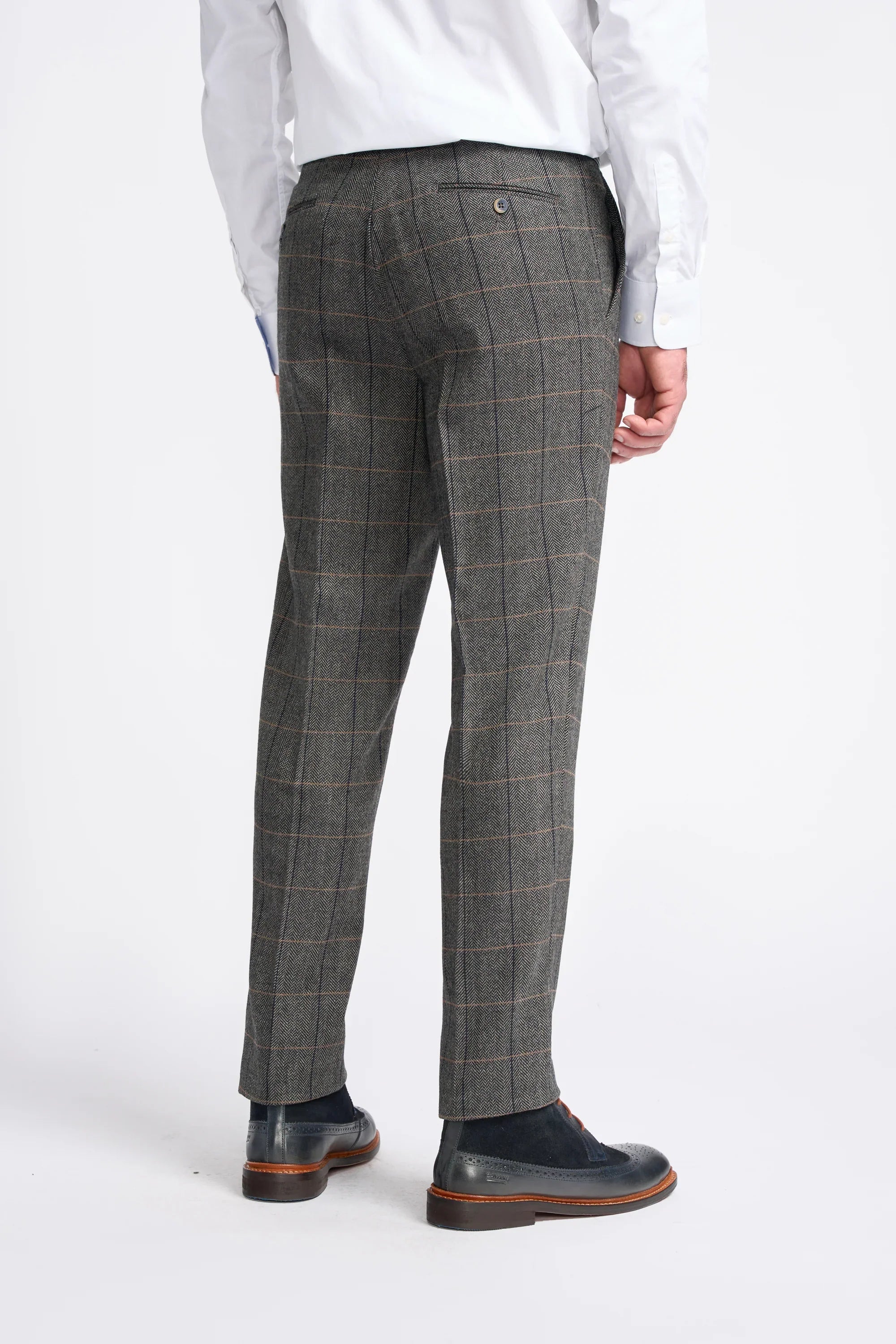 Men's Wool Blend Herringbone Check Suit - Albert - Grey Trousers Back Picture