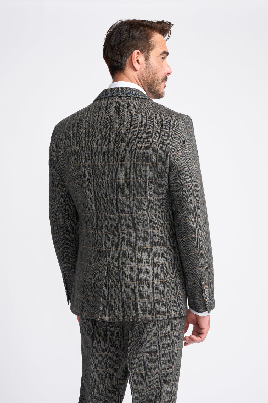 Men's Wool Blend Herringbone Check Suit - Albert - Grey Blazer Back Picture