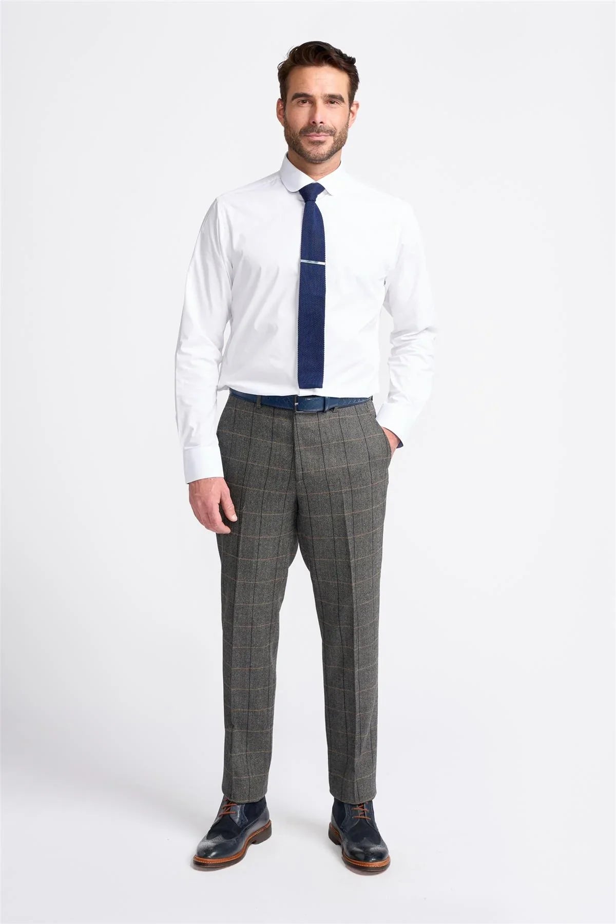 Men's Wool Blend Herringbone Check Suit - Albert - Grey Trousers Front Picture