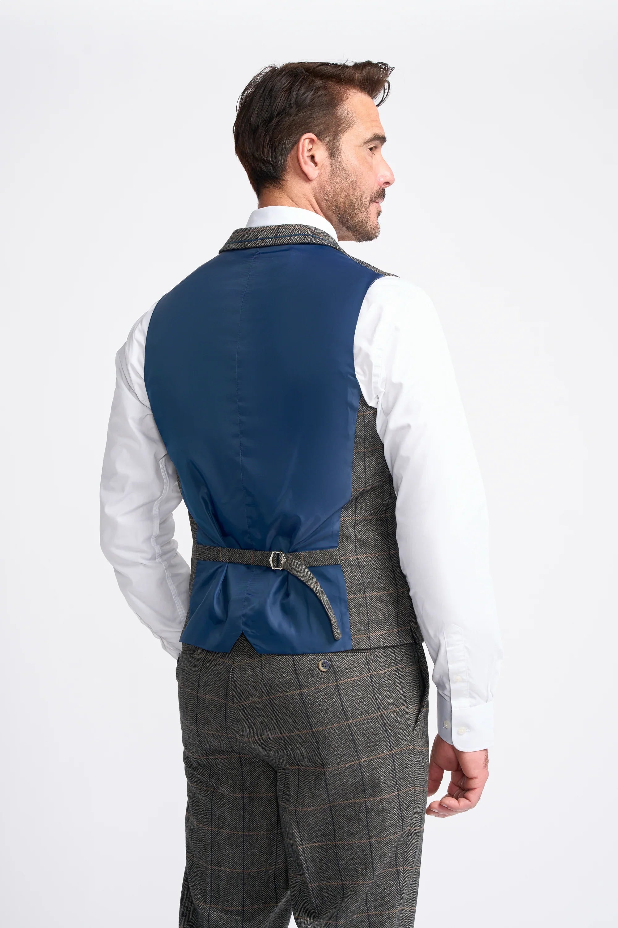 Men's Wool Blend Herringbone Check Waistcoat - Albert - Grey Waistcoat Back Picture