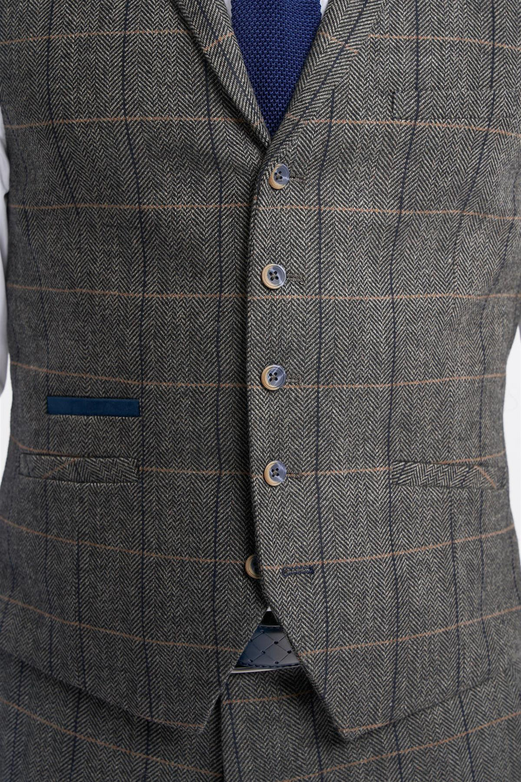 Men's Wool Blend Herringbone Check Waistcoat - Albert - Grey Waistcoat Front Detail Picture