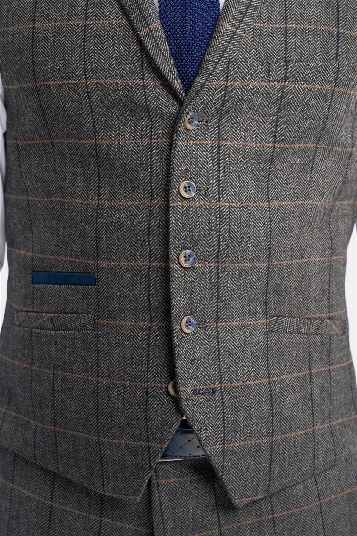 Men's Wool Blend Herringbone Check Waistcoat - Albert - Grey Waistcoat Front Detail Picture