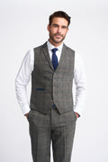 Mens grey wool blend herringbone check waistcoat Albert