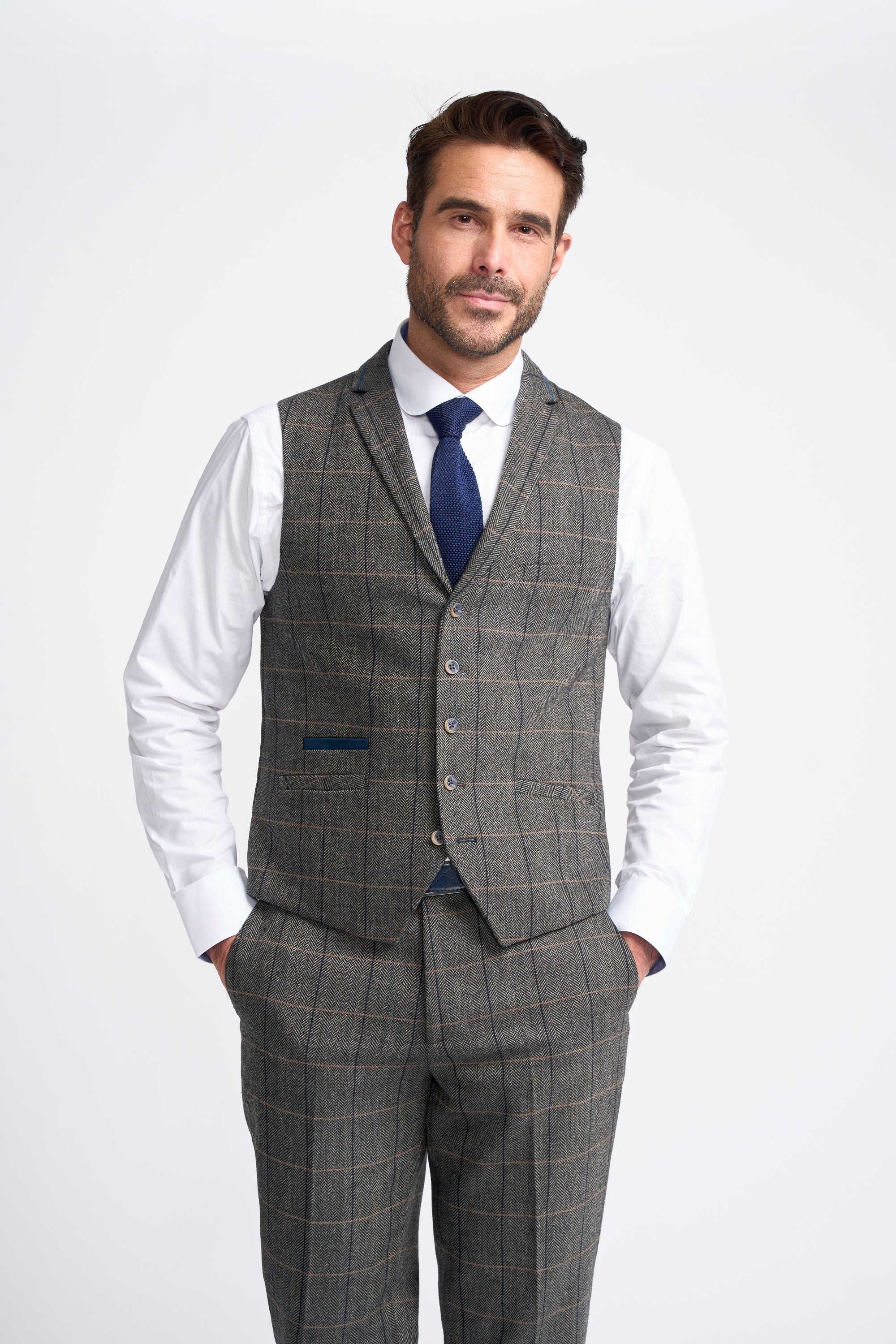 Mens grey wool blend herringbone check waistcoat Albert