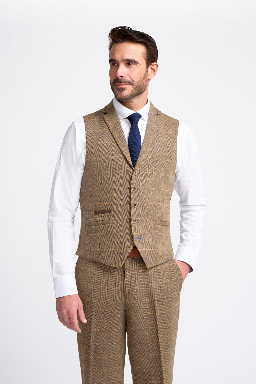 Mens tan wool blend herringbone check waistcoat Albert