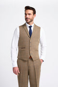 Mens tan wool blend herringbone check waistcoat Albert