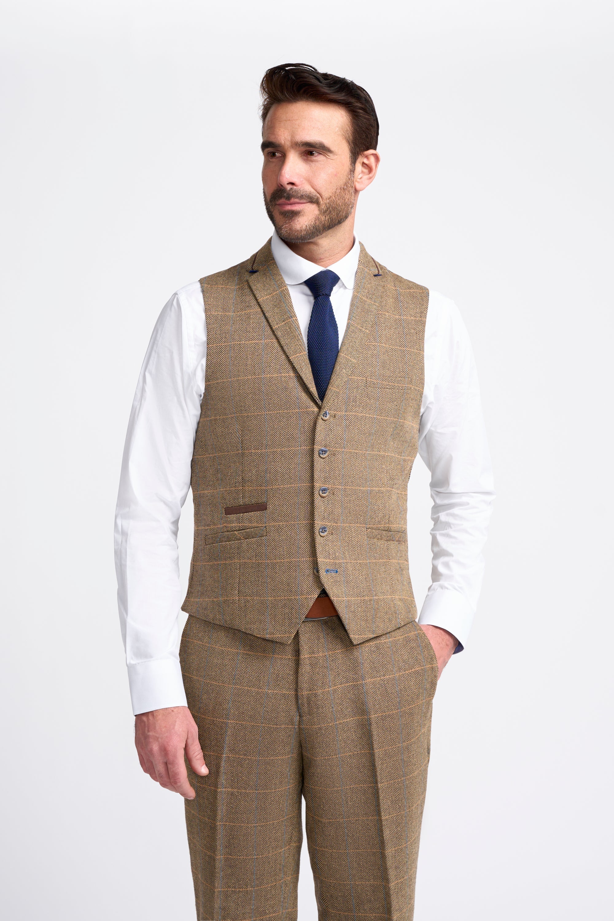 Mens tan wool blend herringbone check waistcoat Albert