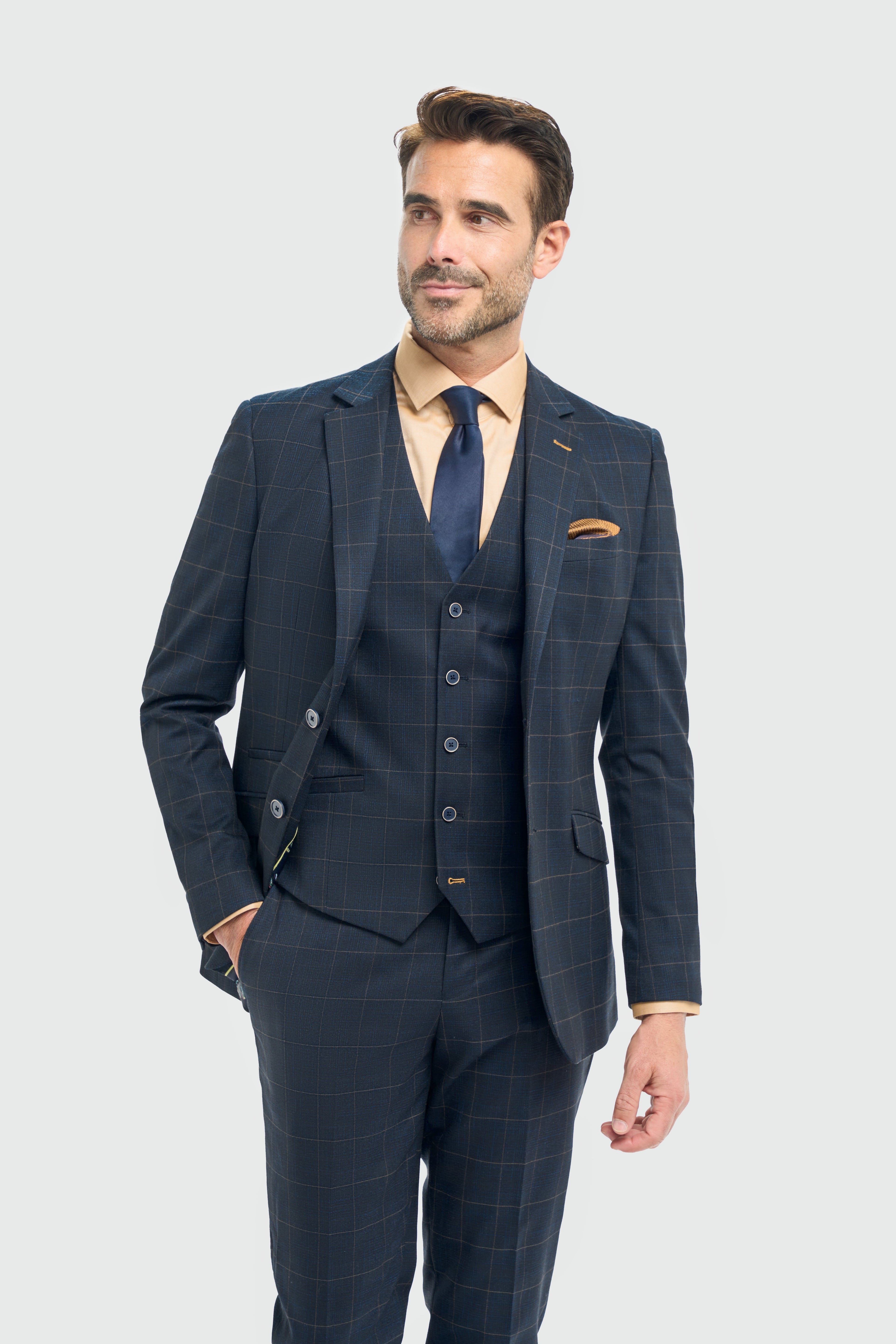 Men’s 3-Piece Navy Windowpane Check Suit - Torino - Navy Model Picture