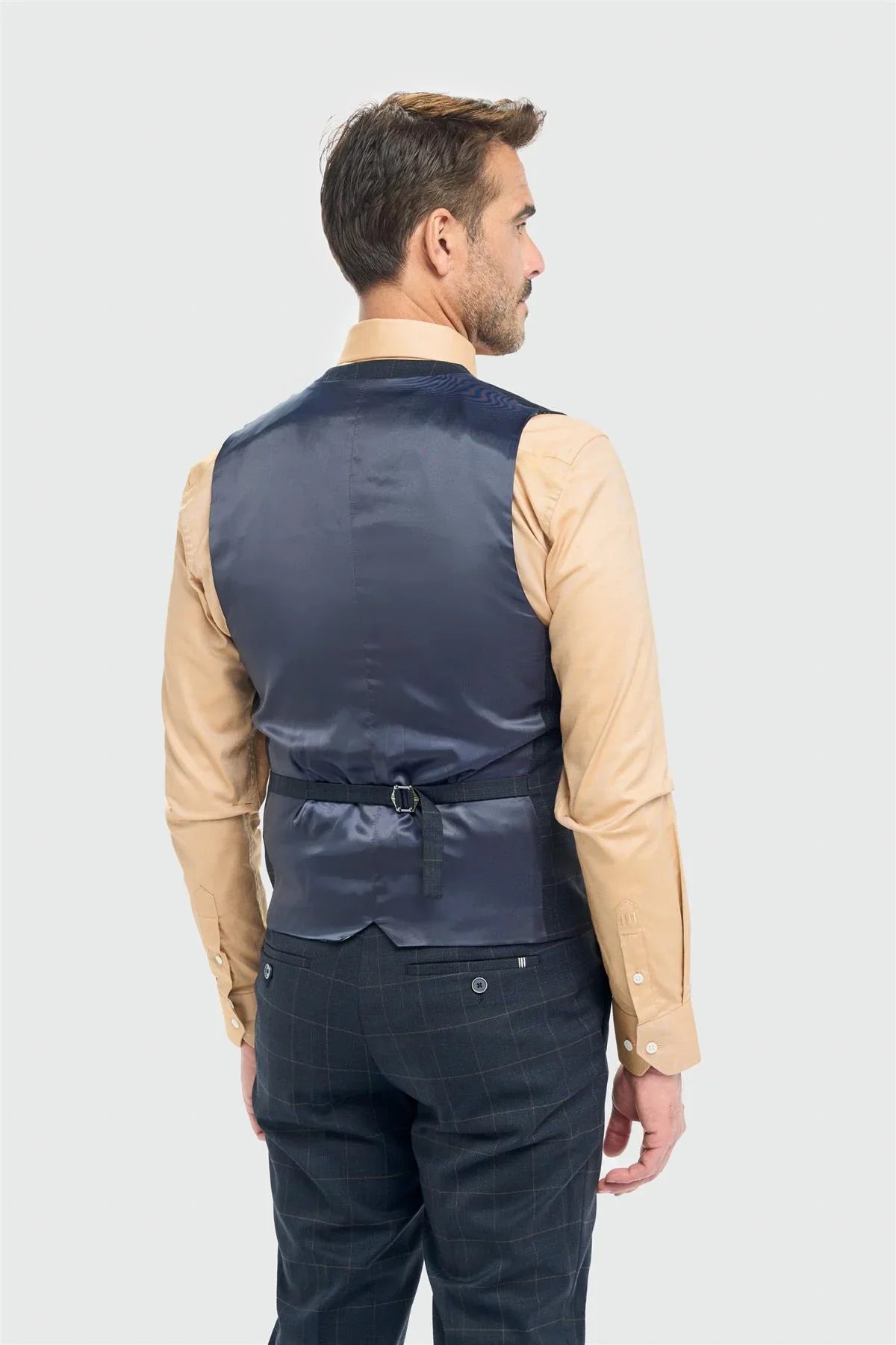 Men’s 3-Piece Navy Windowpane Check Suit with Double Breasted Waistcoat - Torino Waistcoat Back Picture