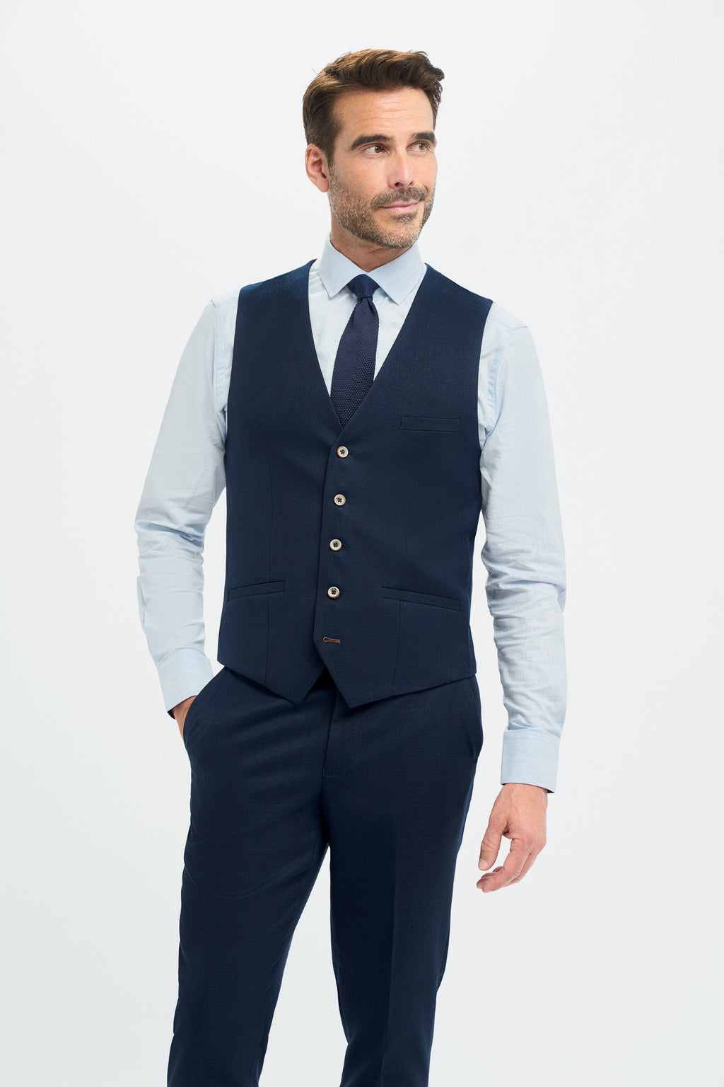Men’s 3-Piece Slim Fit Textured Formal Suit - Tropez - Navy Blue Waistcoat Picture