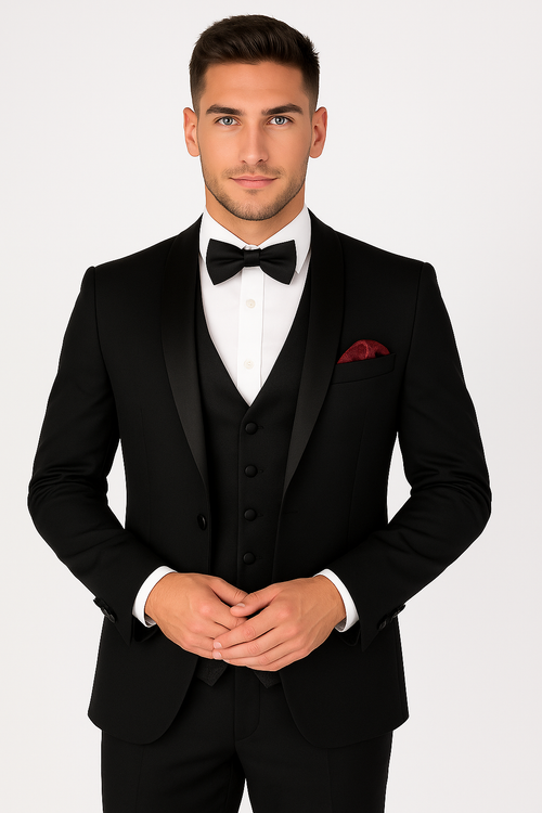 Men's black tailored fit tuxedo dinner suit, 3-piece set