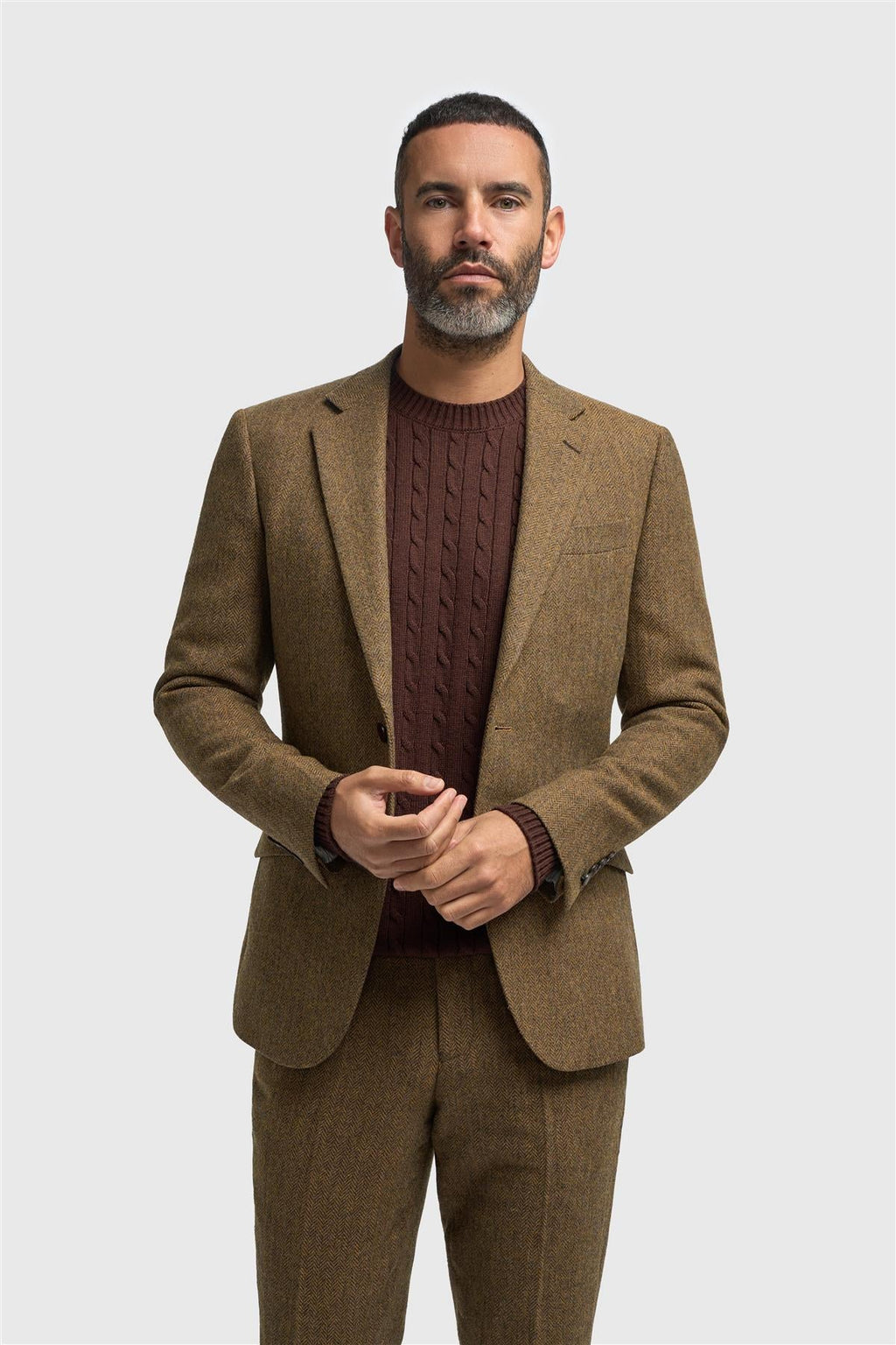 Men’s Brown Herringbone Wool Tweed Suit Jacket Thomas Model Picture
