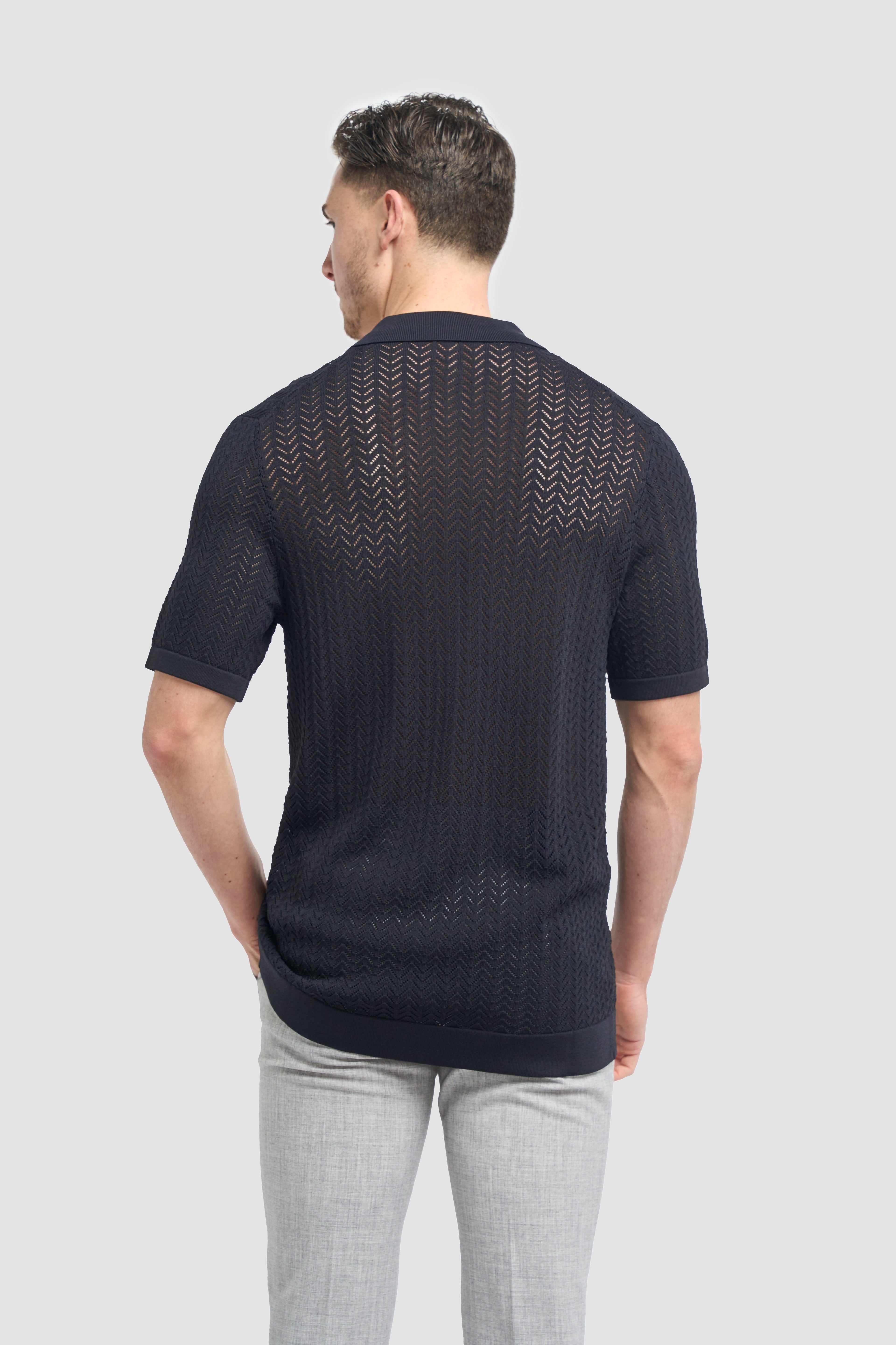 Men’s Chevron Lace Knit Button Down Shirt - Barts - Navy Model Back Picture