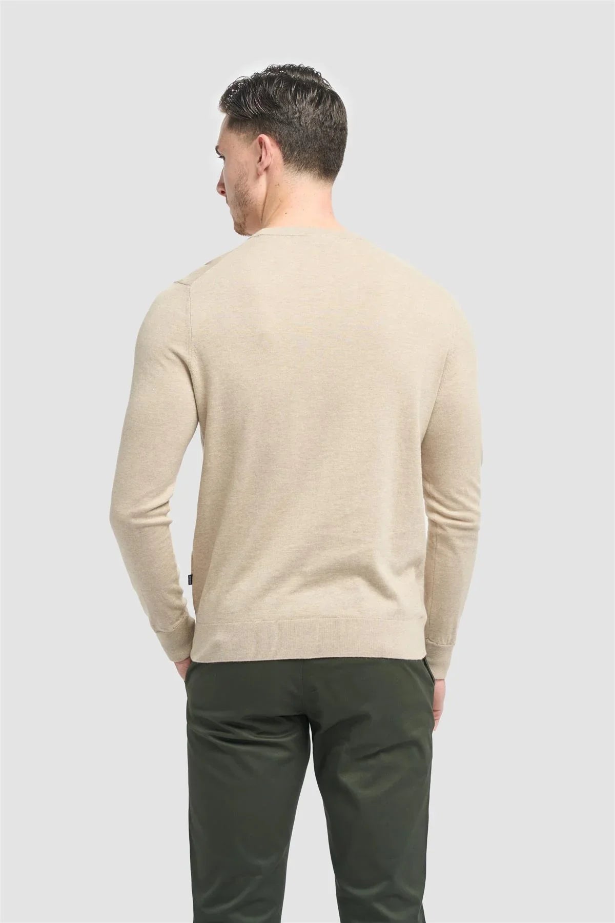 Men’s Cotton Crew Neck Knit Jumper - Savio- Sand Beige Back Picture