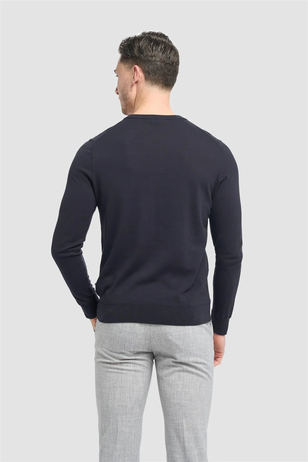 Men’s Cotton Crew Neck Knit Jumper - Savio - Navy Model Back Picture